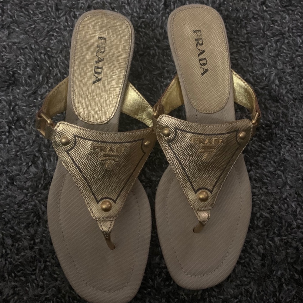 prada gold sandals/slides/flip flops/thongs